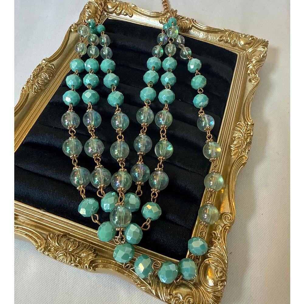 Vintage Multi-Strand Necklace Aqua Turquoise Beads Gold Tone Mermaidcore